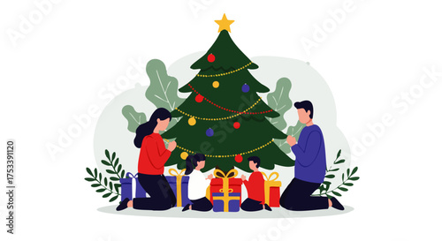 A flat style illustration of a family praying together near a Christmas tree decorated with gifts, symbolizing faith, religious values, gratitude, love, and the spiritual meaning of the holiday season