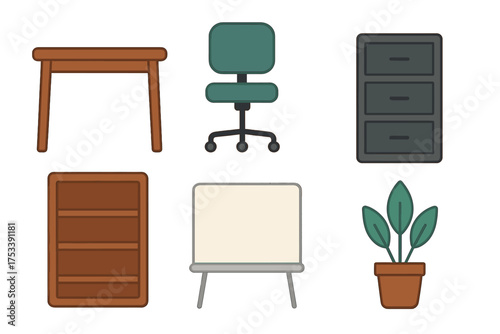 Set of essential office furniture items including desk chair and filing cabinet