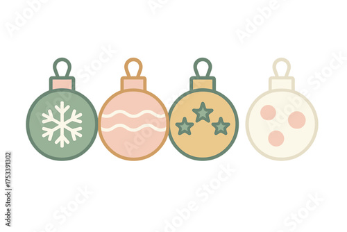Minimalist holiday decoration set featuring four round baubles in soft pastel colors