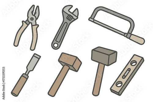 Collection of essential hand tools for repair and building work including hammer wrench and saw