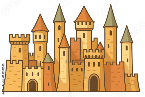 Stylized medieval fortress with multiple towers and battlements on a white background