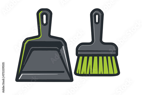 Flat design icon of a modern dustpan and hand brush set used for household cleaning chores
