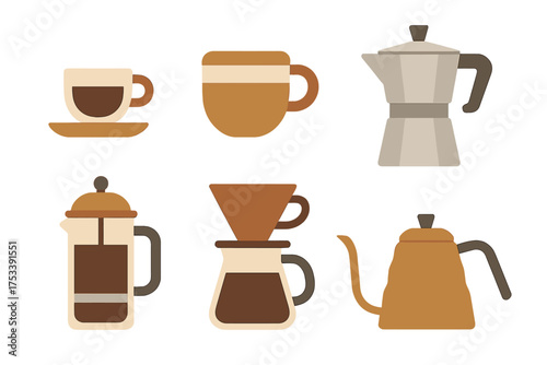 Stylized icons showing various coffee brewing equipment: French press, Moka pot, pour over, and cups