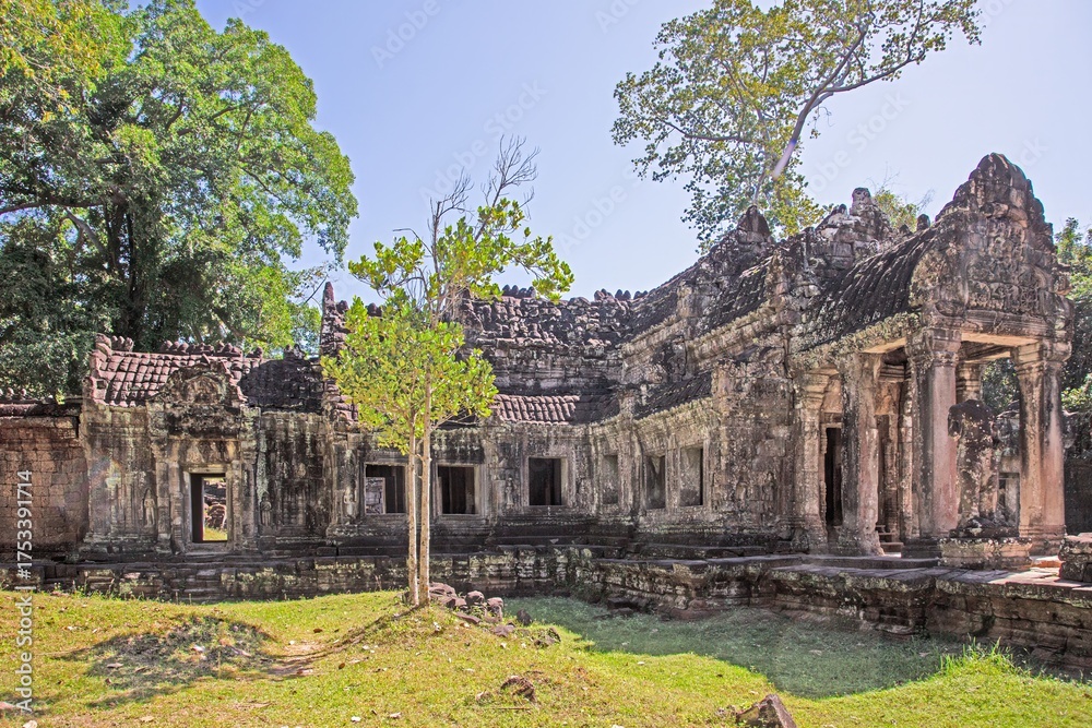 Fototapeta premium Ancient temple ruins with trees Angkor Wat Cambodia