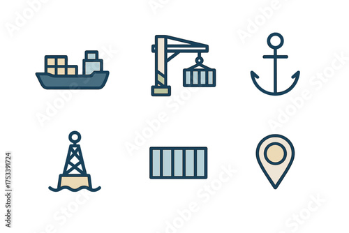 Set of essential shipping and logistics elements showing cargo transport and port operations
