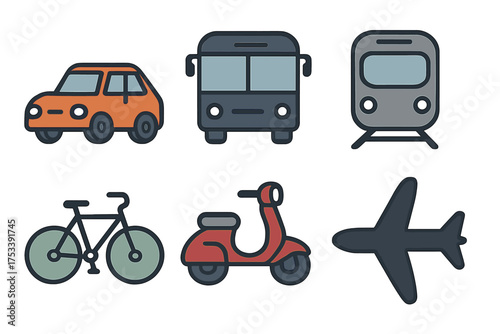 Flat design transportation icons set showing road, rail, and air travel modes