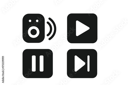 Essential media player control icons including play pause skip and speaker volume symbols