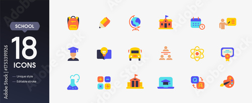 School icon set. Colorful signs or stickers with backpack, diploma, graduate, globe and pencil. Design elements for app or website. Flat vector illustration collection