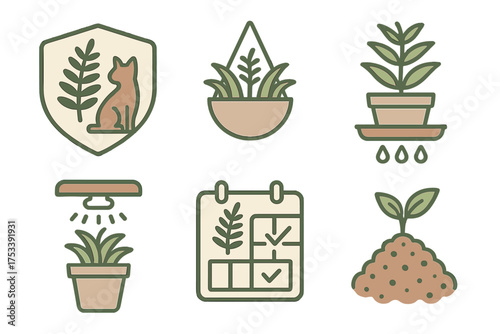 Indoor gardening and plant care icons featuring watering, grow light, scheduling, and pet safety