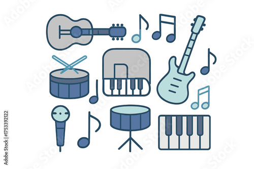 Collection of musical instruments and symbols including guitar, drums, keyboard, and microphone icons
