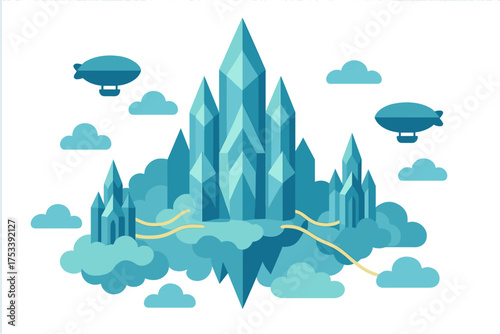 Geometric crystal city floating above the clouds with airships navigating the fantastical sky