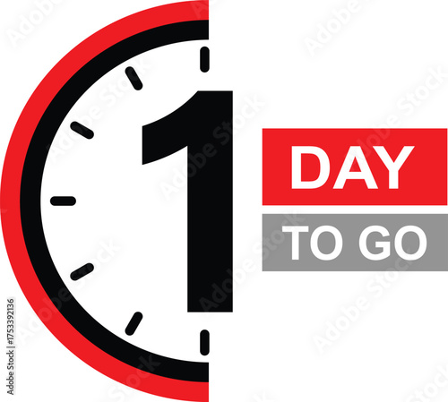 Graphic of a clock face with the number 1 and text DAY TO GO countdown time