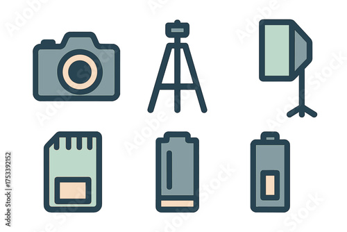 Modern flat line icons of professional photography accessories including camera and tripod