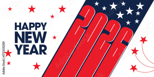  2026 - Souhaiter la nouvelle année avec cette bannière au graphisme dynamique, inspirée du drapeau américain- texte anglais.