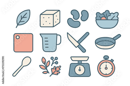 Minimalist icons of cooking equipment and healthy ingredients for kitchen tasks and recipe preparation