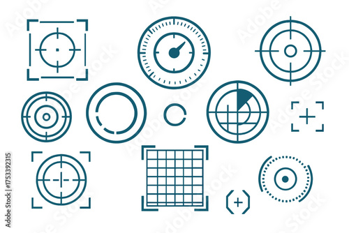Futuristic user interface elements featuring targeting crosshairs and radar screens