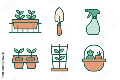 Essential gardening tools and planting icons set including shovel, sprayer, and seedlings