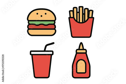 Set of colorful fast food icons including hamburger, french fries, soda, and ketchup bottle