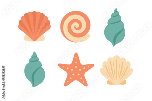 Colorful stylized collection of seashells and starfish representing ocean life