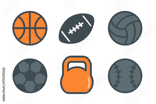 Set of sports equipment icons including basketball football soccer volleyball baseball and kettlebell