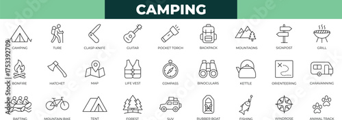 Camping line icon set. travel, backpack, vacation, adventure, compass, tour tourism icons collection.