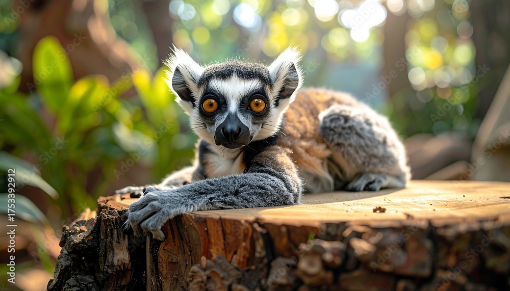 Naklejka premium A Ring-tailed lemur rests atop a tree stump, gazing forward with intense yellow eyes. The soft sunlight filters through the verdant foliage in the background