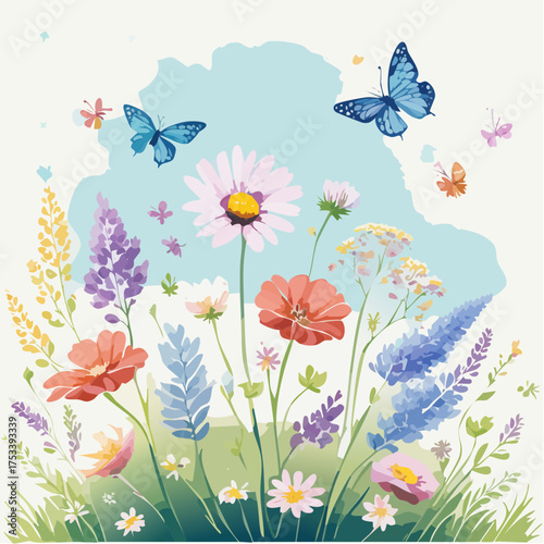 Wiesenblumen in Pastellfarben mit Schmetterlingen