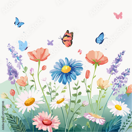 Wiesenblumen in Pastellfarben mit Schmetterlingen