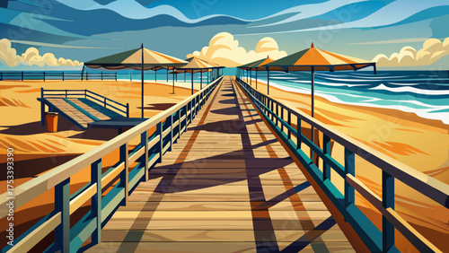 Very beautiful wooden beach boardwalk at Carolina Beach, North Carolina, USA, featuring shade tarps casting artistic shadows, golden sand, and a tranquil coastal atmosphere under warm sunlight.