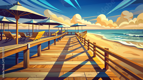 Very beautiful wooden beach boardwalk at Carolina Beach, North Carolina, USA, featuring shade tarps casting artistic shadows, golden sand, and a tranquil coastal atmosphere under warm sunlight.