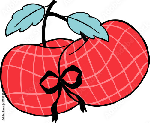 Cherries with Ribbon: Two bright red cherries, adorned with a decorative bow and fresh green leaves, celebrate the beauty of simplicity and the joy of natural flavors.