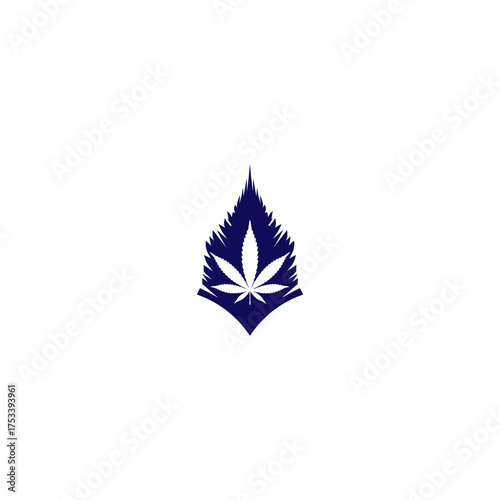 Stylized cannabis leaf in a blue shield shape on a white background