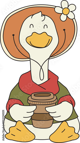Duck in the Coffee Break: A whimsical illustration of a duck, dressed in a stylish ensemble, enjoying a moment of relaxation with a takeaway coffee cup. capturing joy and relaxation