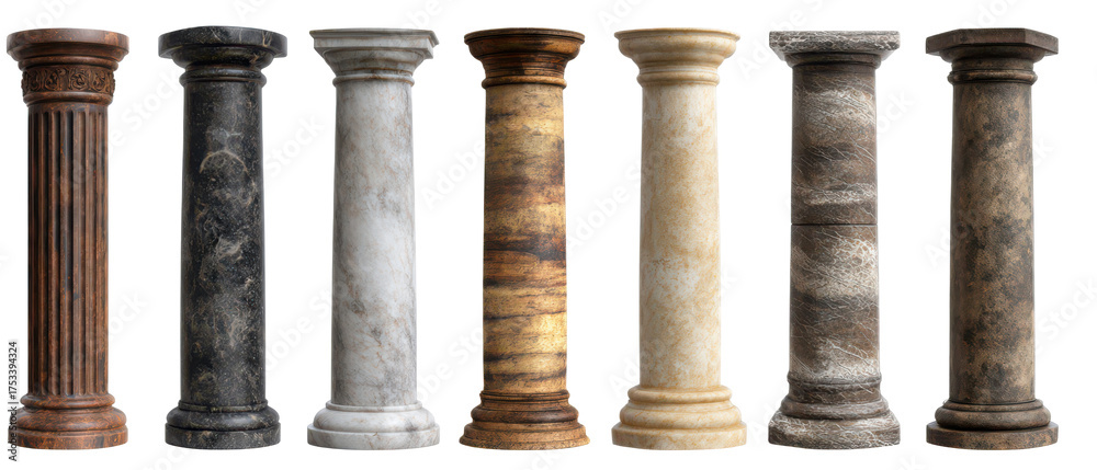 Fototapeta premium Collection of classical column designs in various materials Isolate on Transparent Background, png
