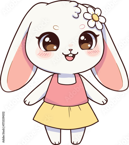 Cute cartoon bunny girl wearing pink dress and yellow skirt, adorable rabbit character illustration, kawaii animal design for kids art