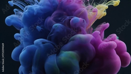 Vibrant colorful ink clouds swirling and blooming in dark water, creating abstract ethereal forms.