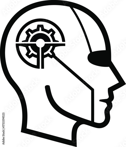 Stylized outline of a human head with a gear and crosshairs inside, representing focus and precision in thought, isolated on white background