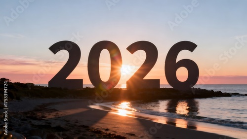 Sunset beach with large 2026 numbers