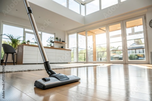 Wallpaper Mural Modern living room with vacuum cleaner on wooden floor, sunlight streaming through large windows Torontodigital.ca