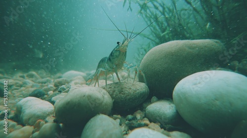 Underwater view of a crayfish resting on riverbed stones