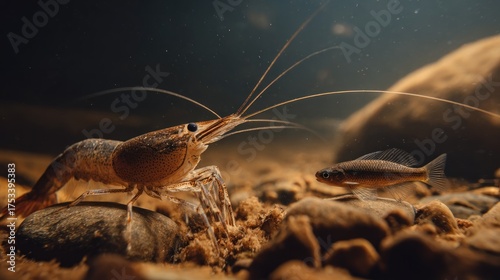 Crayfish and small fish in shallow water