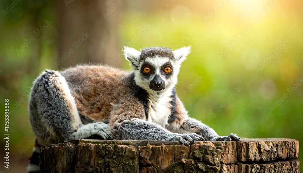 Naklejka premium A ring-tailed lemur with striking orange eyes sits atop a tree stump, gazing at the camera. The background is blurred with sunlight filtering through foliage