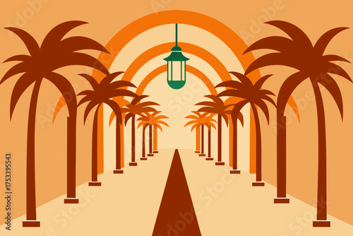 Palm tree lined path with hanging lantern