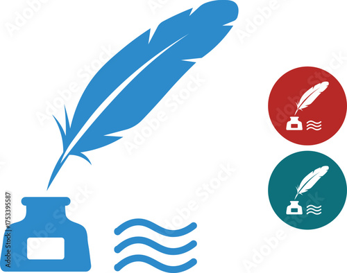 Blue quill pen and inkwell with wavy lines and circular icons writing literature