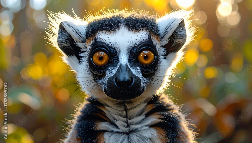 Naklejka premium A ring-tailed lemur stares intently at the viewer, its bright orange eyes captivating against a blurred, sunlit forest background