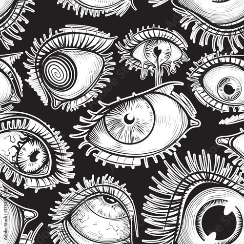 Vector Black and White Abstract Eyes Seamless Pattern