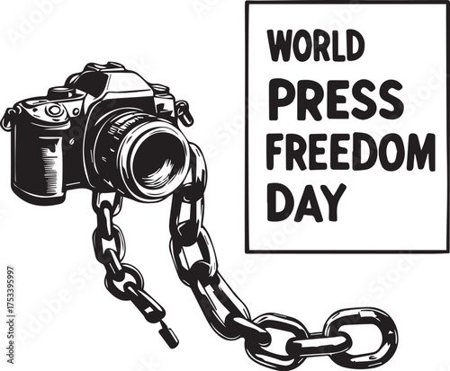 Camera with chains vector illustration for World Press Freedom Day, censorship and journalism awareness themes
