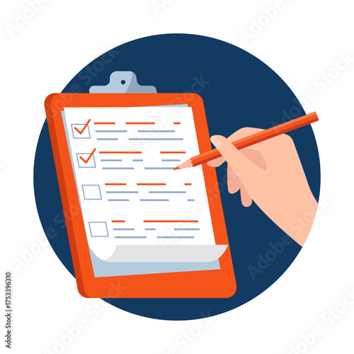 Document signing illustration with hand and pencil. Vector illustration.