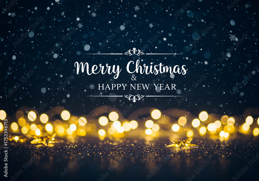 Fototapeta premium Digital graphic conveying a magical holiday atmosphere with falling snow and a bright line of golden glitter.