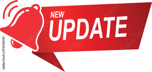 Red bell icon with white text new update on white background notification alert